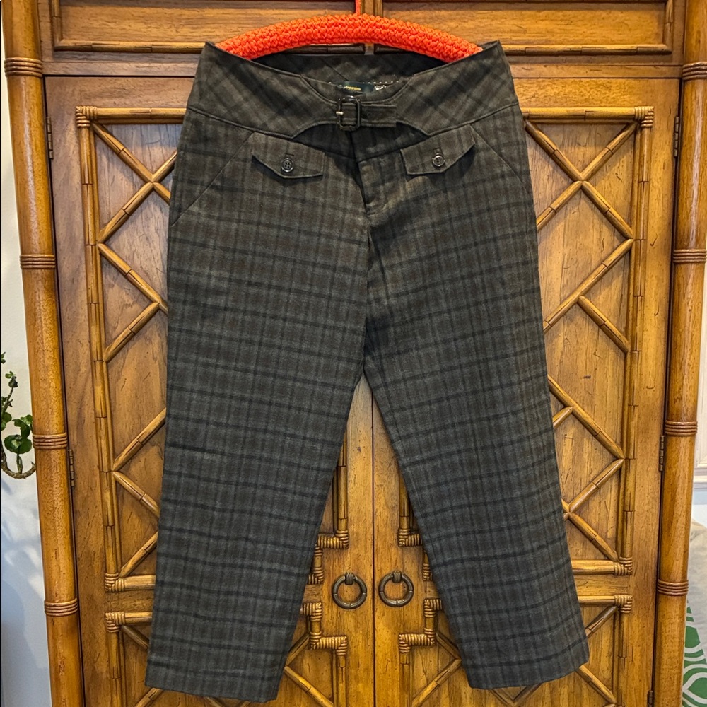 Anthropologie: Cartonnier Charcoal Plaid Cropped Trousers with Buckle Waist